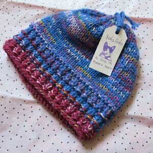 Hand Knitted Artistic Wool Blend Multicolor Burgundy Blue Unisex Hat